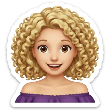 happy excited woman with curly long blond hair, brown eyes, wearing an off-shoulder top,  sticker