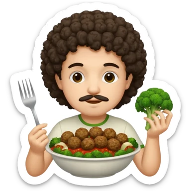 Grillo con capelli ricci scuri che mangia broccoli bolliti e polpette sticker