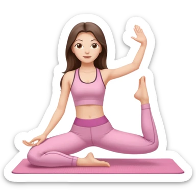 white brunette girl long hair with hazel eyes in light pink workout clothes stretching on a yoga mat sticker