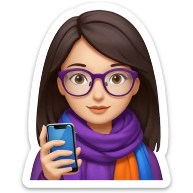 Fille châtain foncé avec lunettes. Elle porte une grosse écharpe violette, bleu et orange. Elle est dans une cuvette de toilette. Téléphone en main. Realiste sticker