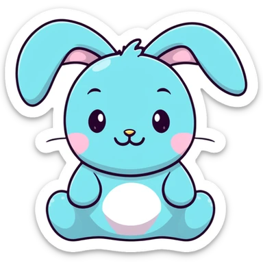 full-body plush toy bunny character with big round head, floppy ears, expressive cute eyes, laughing with closed eyes and little tears, soft kawaii pastel colors, hand-drawn Japanese stationery style kawaii sticker sticker