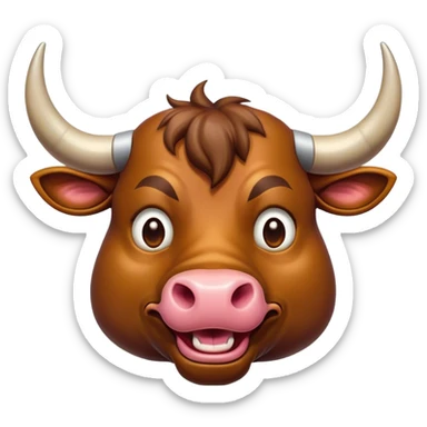Cinematic Comical Domestic Bull Portrait Emoji, Head tilted dramatically with an exaggeratedly amused expression, featuring a striking, glossy coat with boldly defined horns and wide, expressive eyes brimming with playful disbelief, Simplified yet hilariously expressive features, highly detailed, glowing with a slightly sassy, earthy glow, high shine, dramatic yet playful, stylized with an air of cheeky rural mischief, soft glowing outline, capturing the essence of a spirited and over-the-top domestic bull that looks ready to charge its way into internet fame instantly! sticker