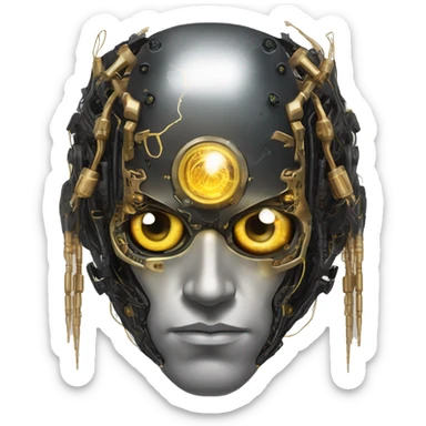 black metal male cyborg head with artificial eyeball, circuitry and wispy yellow gold hair sticker