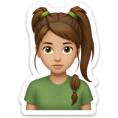 Make a zumba coach emoji, brown eyes, brown hair girl, green shirt with the "the roots" on it, longer pony tail hair sticker