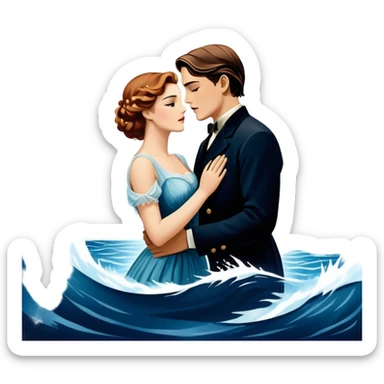 Icon for Titanic Movie: A vintage movie poster-style design featuring a dramatic scene of the ship, the iceberg, and a romantic silhouette of the main couple. Include elements like the ship’s bow, water splashes, and a starry sky in the background. Retro cinematic feel. Transparent background. sticker