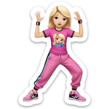 Hiphop dancer, with cute big pants, sneakers, and t-shirt. White girl blond. Coloufull shirt. No pocket pants. Dancing. No orange. Pink and black. No sweatband on the wrist, music box behind her sticker