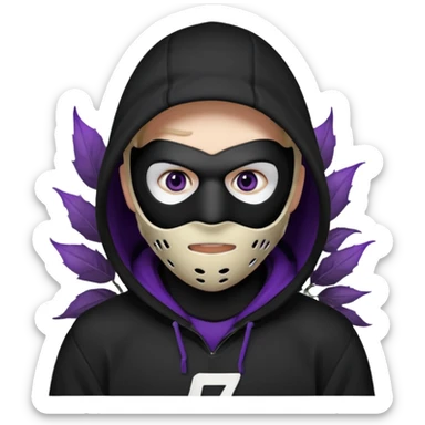 non human male cartoon character related to a shadow, with all black clothes, focusing a black hoodie, and a black hockey face mask covering his entire face, just his purple shadow eyes making a light bloom, no background sticker