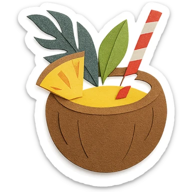 pina colada in a coconut shell with a straw and tropical leaves in paper-craft style sticker