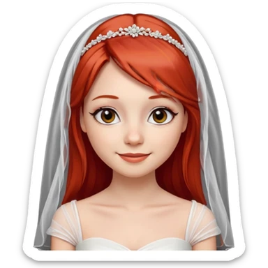 милая девушка невеста, с фатой, рыжими прямыми волосами по плечи, с черными макияжем глаз, тонкими бровями, с улыбкой, в стиле Apple avatar sticker