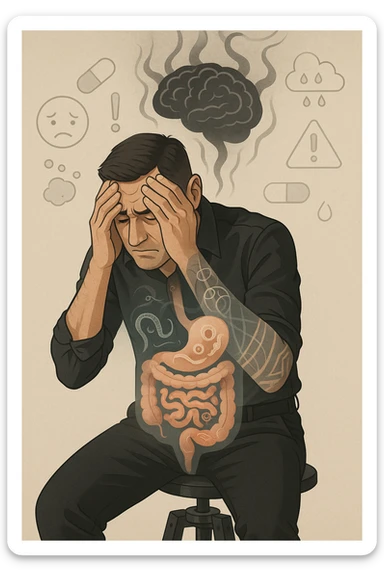a person sits with a troubled expression, holding their head in their hands. A transparent overlay on their body reveals stylized images of parasites in the digestive tract, while faint, shadowy tendrils extend upward toward the brain, symbolizing the psychological impact. The background is clinical and educational, with subtle icons representing both physical and mental symptoms. sticker