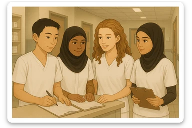 Remove all stethoscopes from the image. Modify the outfits so that all nursing students wear white tunics with V-neck, no buttons, short sleeves, no undershirts, and white pants if needed. Preserve the faces as much as possible from the original image. sticker