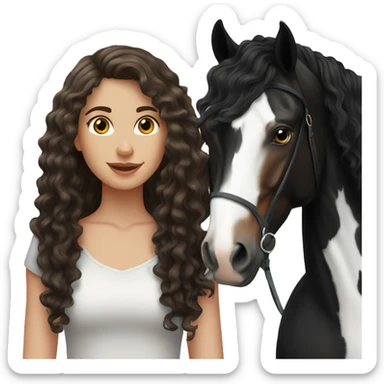 White girl, long brunette  curly hair, next to a black spanish horse sticker