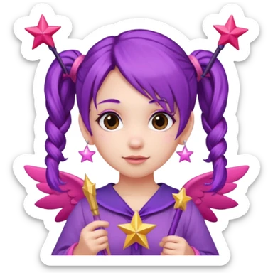 Create an emoji of a fairy-like woman with purple hair tied into two pigtails, red stars in her hair, wearing a pink outfit and pink wings. She is holding a pink star-shaped wand and wearing purple circular earrings. sticker