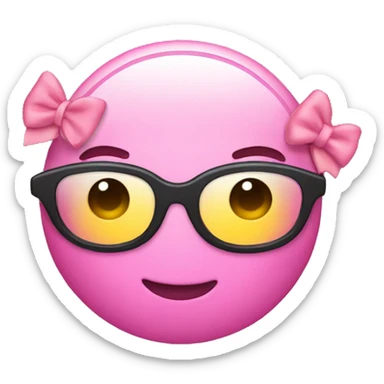 Pink round emoji smiley with black nerd glasses and bow on top of head  sticker