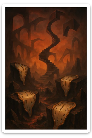 a surreal hell landscape with melting clocks, impossible geometry, dreamlike atmosphere sticker