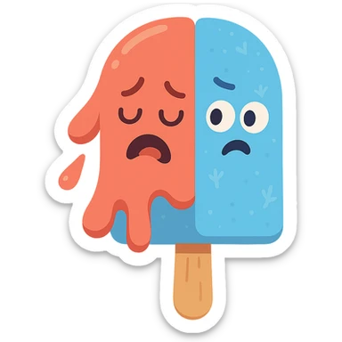 popsicle with one half melting and the other frosty, showing hot but cold sticker