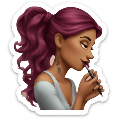 Beautiful tattooed burgundy long haired woman doing her makeup sticker