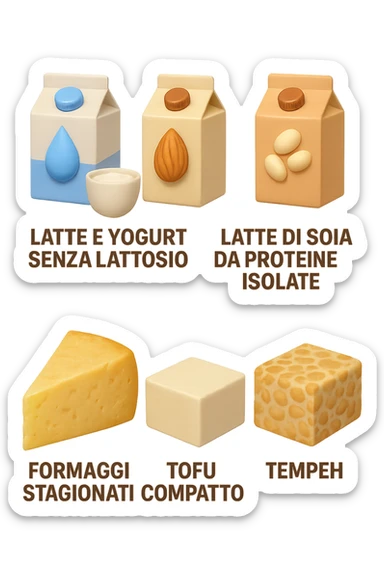 emoji stile iphone 3d di questi elementi che fluttuano in aria:

Latte e yogurt delattosati
Latte di mandorla (non zuccherato)
Latte di soia da proteine isolate
Formaggi stagionati (es. parmigiano)
Tofu compatto e tempeh
 che fluttuano in aria,  le etichette scrivile in italiano, iperealistico 4k sticker