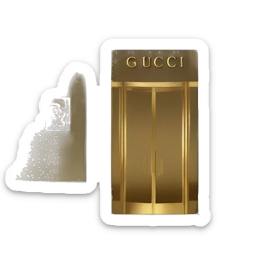 “Gucci store exterior with gold logo above entrance, large glass windows displaying luxury fashion, and elegant double doors.” sticker