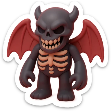 horrifying monster with skeletal features, tattered wings, sinister grin, dark red and black colors, vinyl figure style sticker