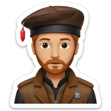 A tall guy with a red goatee. He wears a black baret dressed like a star wars smuggler  sticker