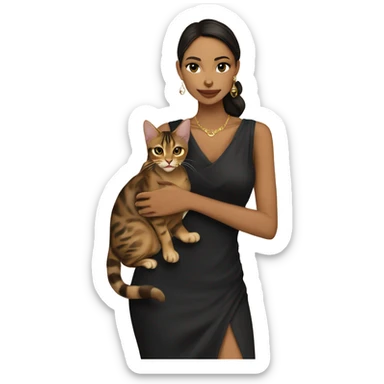 Beautiful skinny woman long dark brown hair in dark dress with gold earrings hug bengal cat sticker