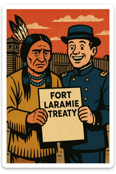 A sad tribal chief from the 1850s standing next to a happy US government official from the 1850s with both holding the same peace of paper titled 'Fort Laramie Treaty'. The background is a wooden military fort from the 1850s American West sticker