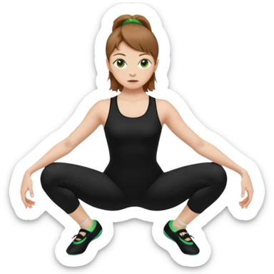 Beautiful woman with light brown shoulder length hair popping a squat without any weights. Make her with a little lighter, brown hair and green eyes. Make her fair skinned and wearing a black workout suit. make her wearing black ballet flats. sticker