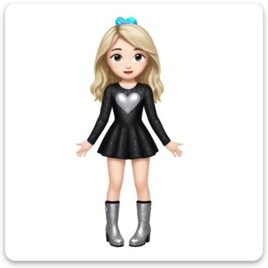 Sabrina carpenter singing at a concert wearing a black sparkly mini dress with silver at the end, with silver sparkly boots with heart cut out on the side. Colorful stage setting  sticker