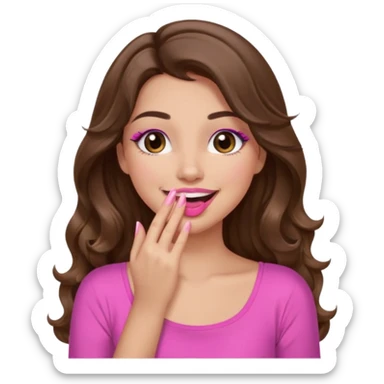 girl with long wavy brown hair, brown eyes, long lashes makeup, pink lips, light to medium complexion, pink sexy top, smiling, hand covering mouth, giggling sticker
