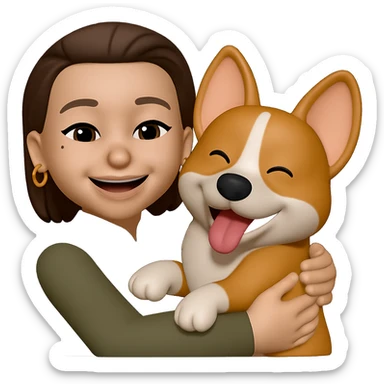 add golden ring earrings to her ears while she is hugging a corgi dog, keep the same style sticker