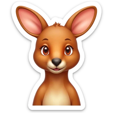 Cinematic Cute Kangaroo Portrait Emoji, Head tilted playfully and inquisitively, featuring a glossy red-orange fur with soft, rounded ears and round, sparkling amber eyes full of curious mischief, Simplified yet irresistibly adorable features, highly detailed, glowing with a warm, friendly glow, high shine, affectionate and bouncy, stylized with a touch of outback whimsy, bright and endearing, soft glowing outline, capturing the essence of a mischievous yet loving kangaroo, so playful it feels like it could hop out of the screen and into your arms! sticker