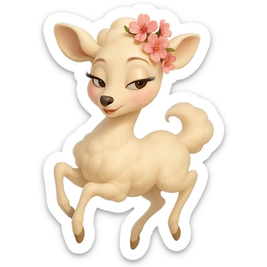 feminine vanilla cloud doe floating gracefully with rosy cheeks and cherry flowers on its head, Pixar-inspired art, touch of allure and sophistication, tasteful and appropriate sticker