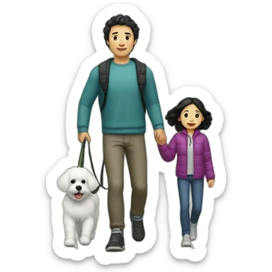 a 32-year-old man with pale skin and black hair going for a walk with a female 9-year-old Bichón Frisé dog. sticker