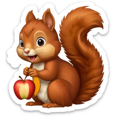 red squirrel happily gnawing a nut, fluffy fur, apple emoji style sticker