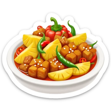 Sweet and Sour Pork with pineapple and bell peppers, simplified emoji style with bold outlines and bright colors, cartoon style Gu Lao Rou popular dish sticker