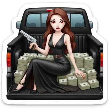 Lilith symbol red eye seductress evil long brown haired sexy succubus woman with leather long dress with slit on, sitting in Big Large F350 pickup truck. Back seat full of stacks of cash, she is  Holding a human skull of her enemies and a gun in other hand sticker