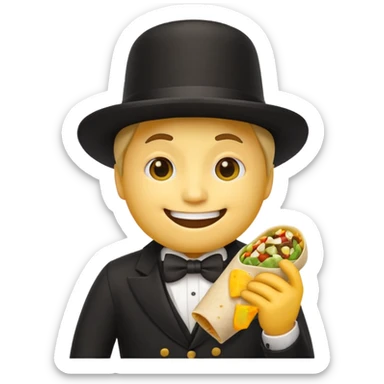 Generic classic yellow basic emoji face with a black top hat eating a burrito sticker
