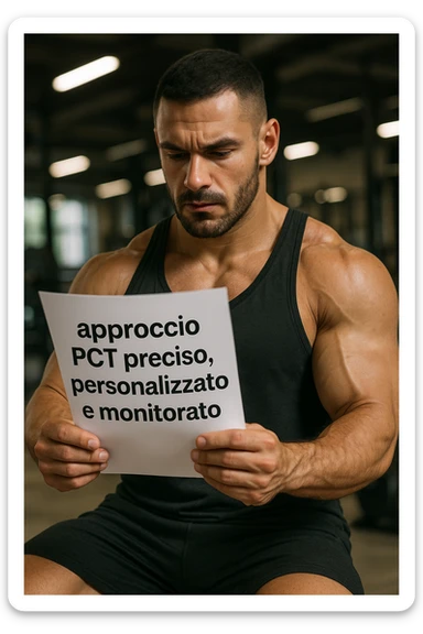 BODYBUILDER CHE LEGGE UN FOGLIO CON LA SCRITTA "approccio PCT preciso, personalizzato
e monitorato" sticker