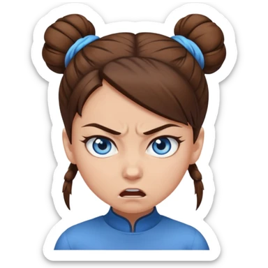 Girl with blue eyes, brown hair in a single bun, angry sticker