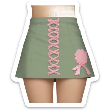 Sage green a-line mini skirt with pink lace up on the sides and bows and embroidery, isolated sticker