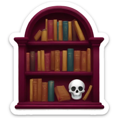 maroon bookshelf with candlestick and skull sticker