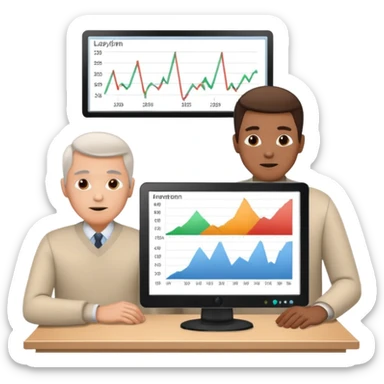 teaching somebody else in person, in the same place, watching the same monitor together, the trainee and trainer are in the similar age, two both are men, the monitor should be showing some data graphs sticker