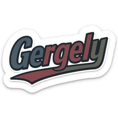 Text image of the name 'Gergely' in a masculine, modern font with gradient style, precise Hungarian characters, dark contour, prominent and clearly visible white border like the uploaded sample, dynamic slanted underline, masculine color shades including blue, gray, burgundy, green, and brown, 1000x1000 px, PNG, transparent background. sticker