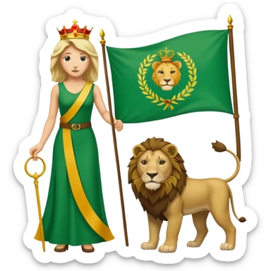 Un drapeau  avec 2 bande verte qui et une bande blanche au milieu avec une femme avec 1 lion de chaque coter d’elle sous un arc en pierre  sticker