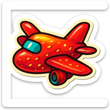 retro sticker-style airplane with bold clear outlines, expressive shadows and highlights, juicy slightly three-dimensional look, playful and bright, universal airplane shape, glossy outlined style like lips with strawberry illustration sticker