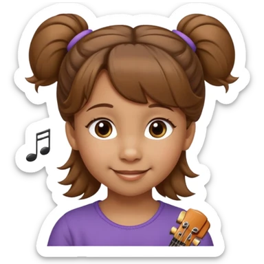 Niña de 4 años con ojos marrones claros, pelo castaño claro con dos moños altos y pelitos sueltos a modo de flequillo, nariz chata y risueña. Con nota musical sticker