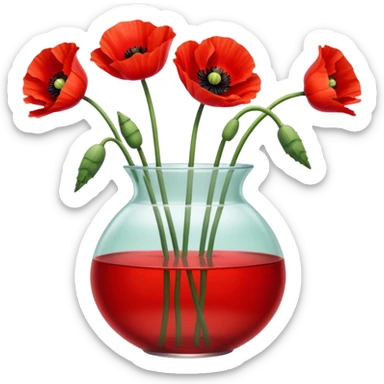 three big realistic poppy flowers in a clear vase with clear water sticker