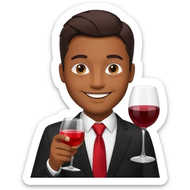 Man with black suit and red tie, brown skin, handsome, drinking wine with a happy face sticker