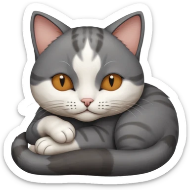 dark grey and white small cat with his eyes closed, leaning his head on his paw while leaning on his elbow lying down sticker